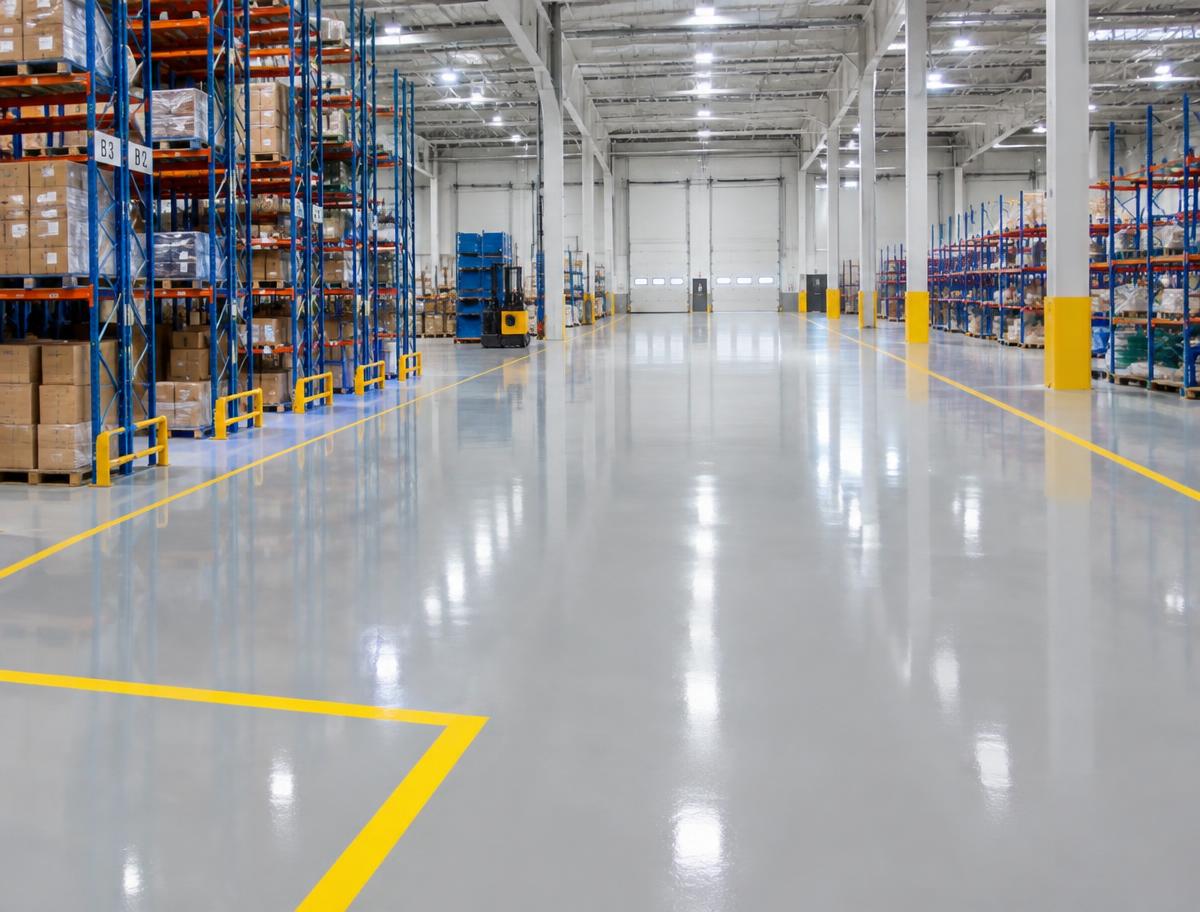 Warehouse with a seamless epoxy floor and safety lines